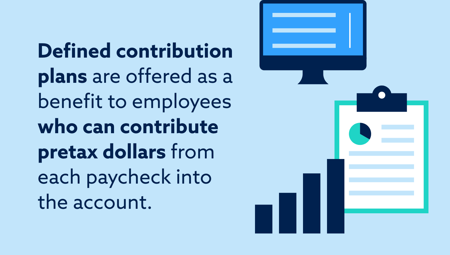 Defined contribution plans are offered as a benefit to employees who can contribute pretax dollars from each paycheck into the account.